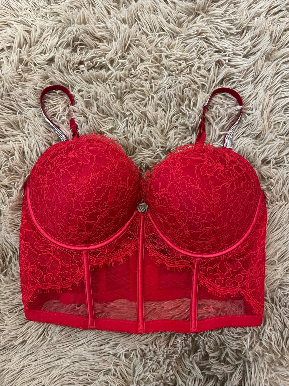Victoria’s Secret Red Lace Bustier Bra - 36D Very Sexy Push Up